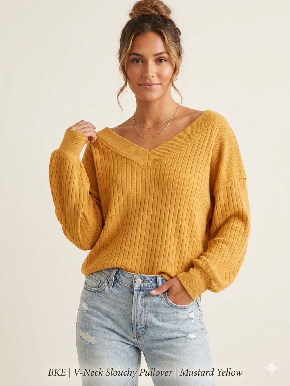 BKE Buckle Mustard Yellow Ribbed Wide V-Neck Pullover Sweater Size M
